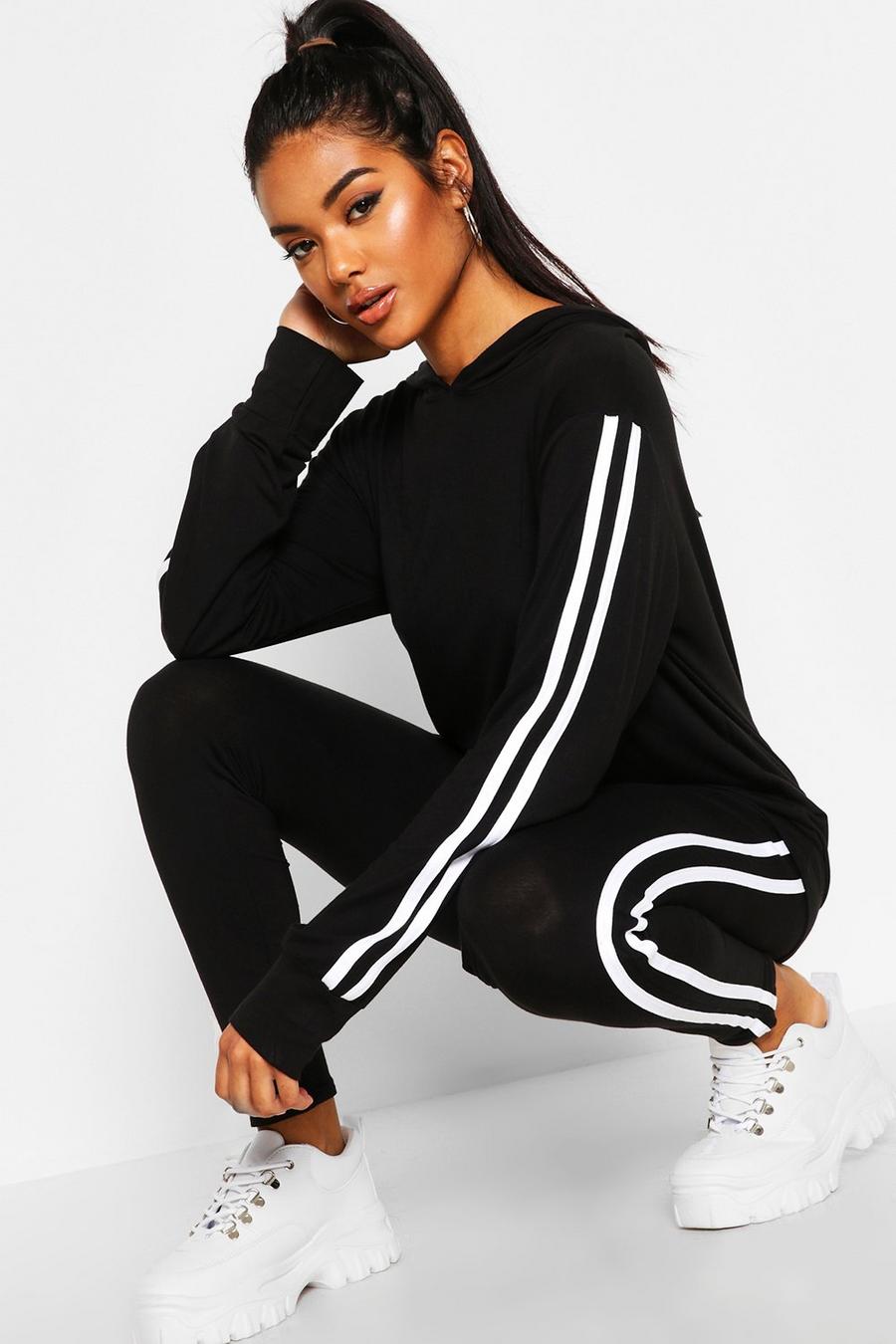 Black Hooded Side Stripe Loungewear Set image number 1