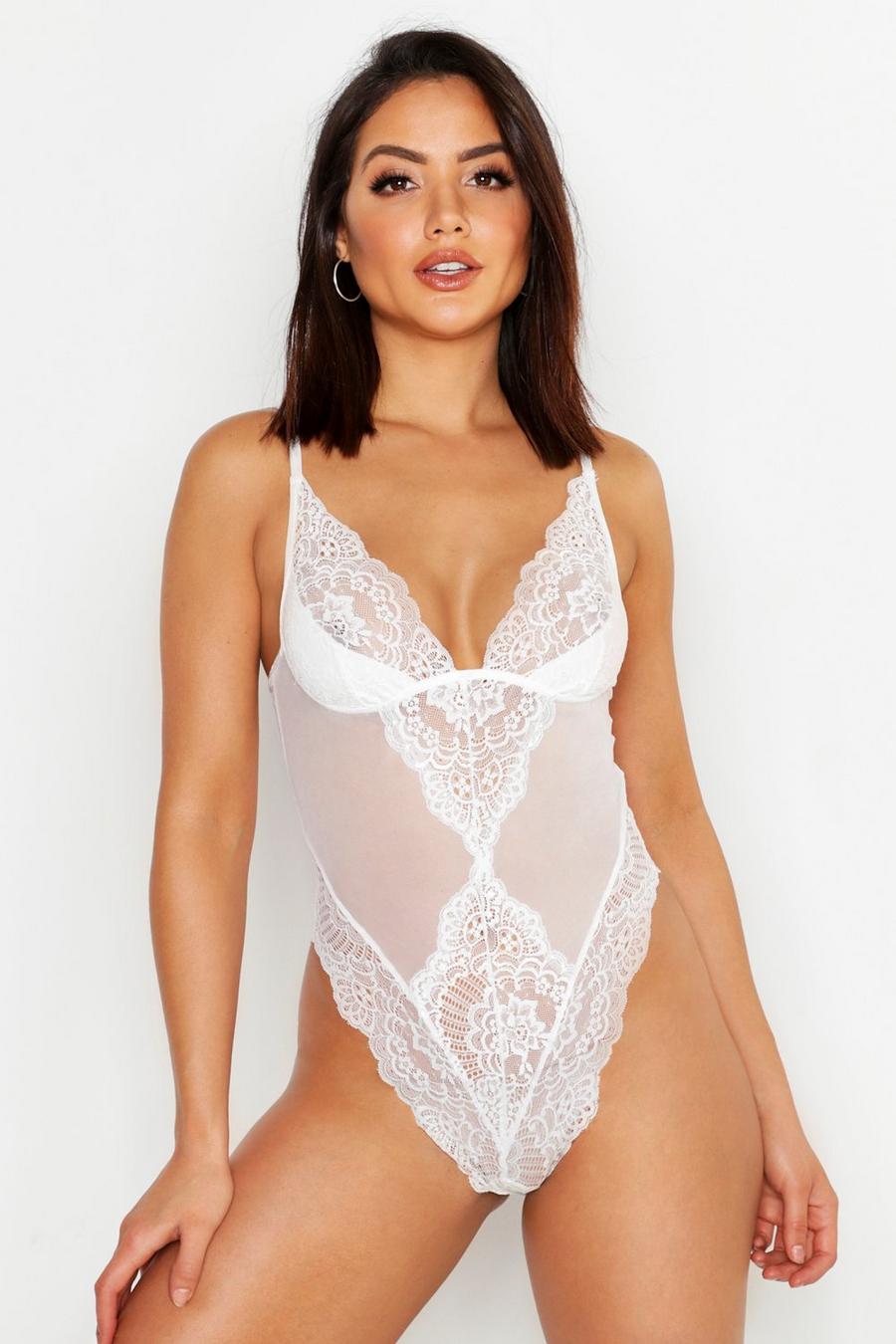 White Scallop Lace Bodysuit image number 1