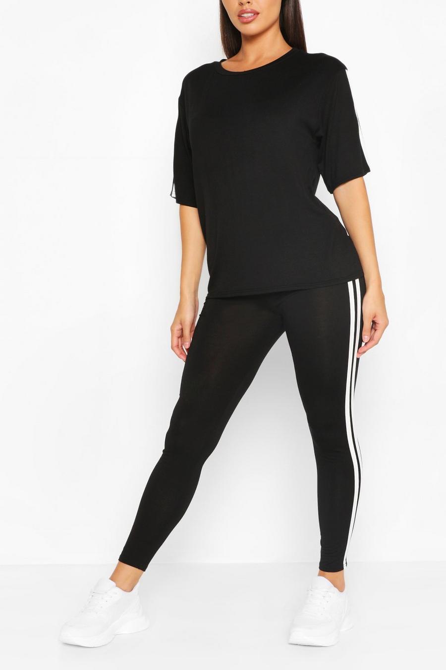 Black Short Sleeve Side Stripe Loungewear Set