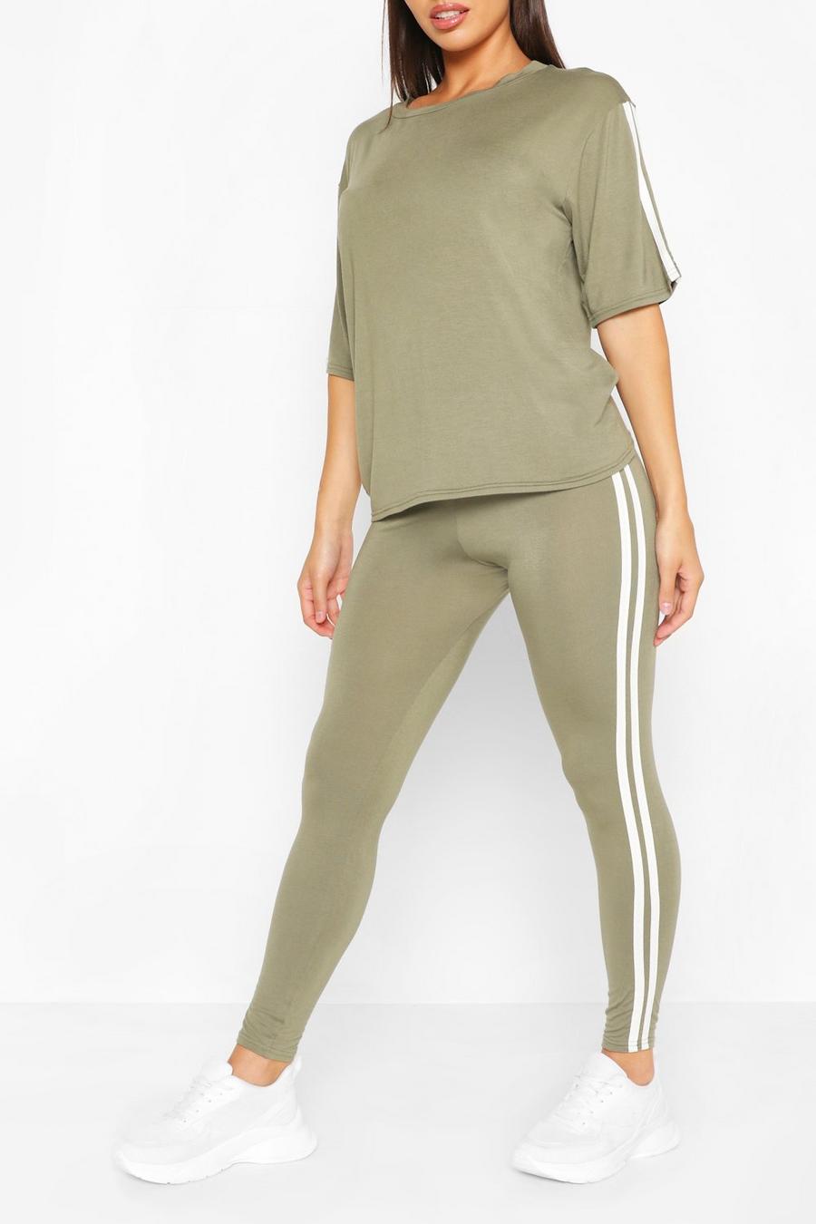 Khaki kaki Short Sleeve Side Stripe Loungewear Set