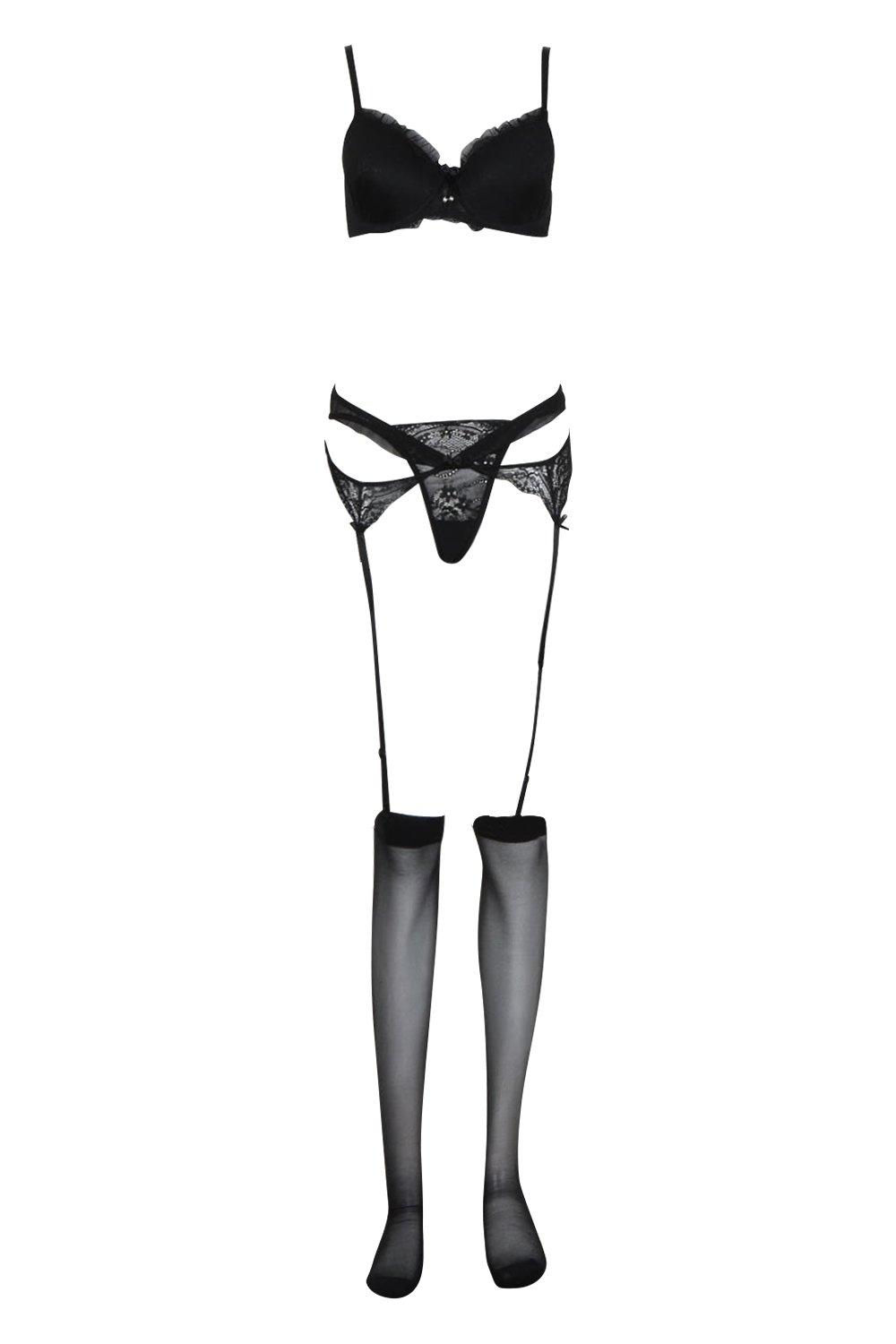 Black Magic Sexy Black Plunge Pushup Bra stocking & Thong Set - Snazzy