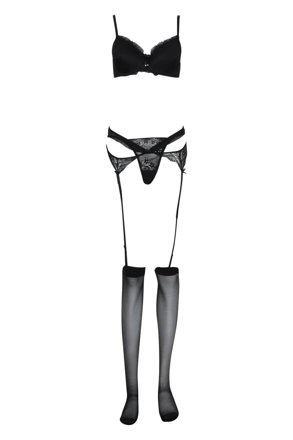 Women's Push Up Bra, Suspender, Thong & Stocking Set