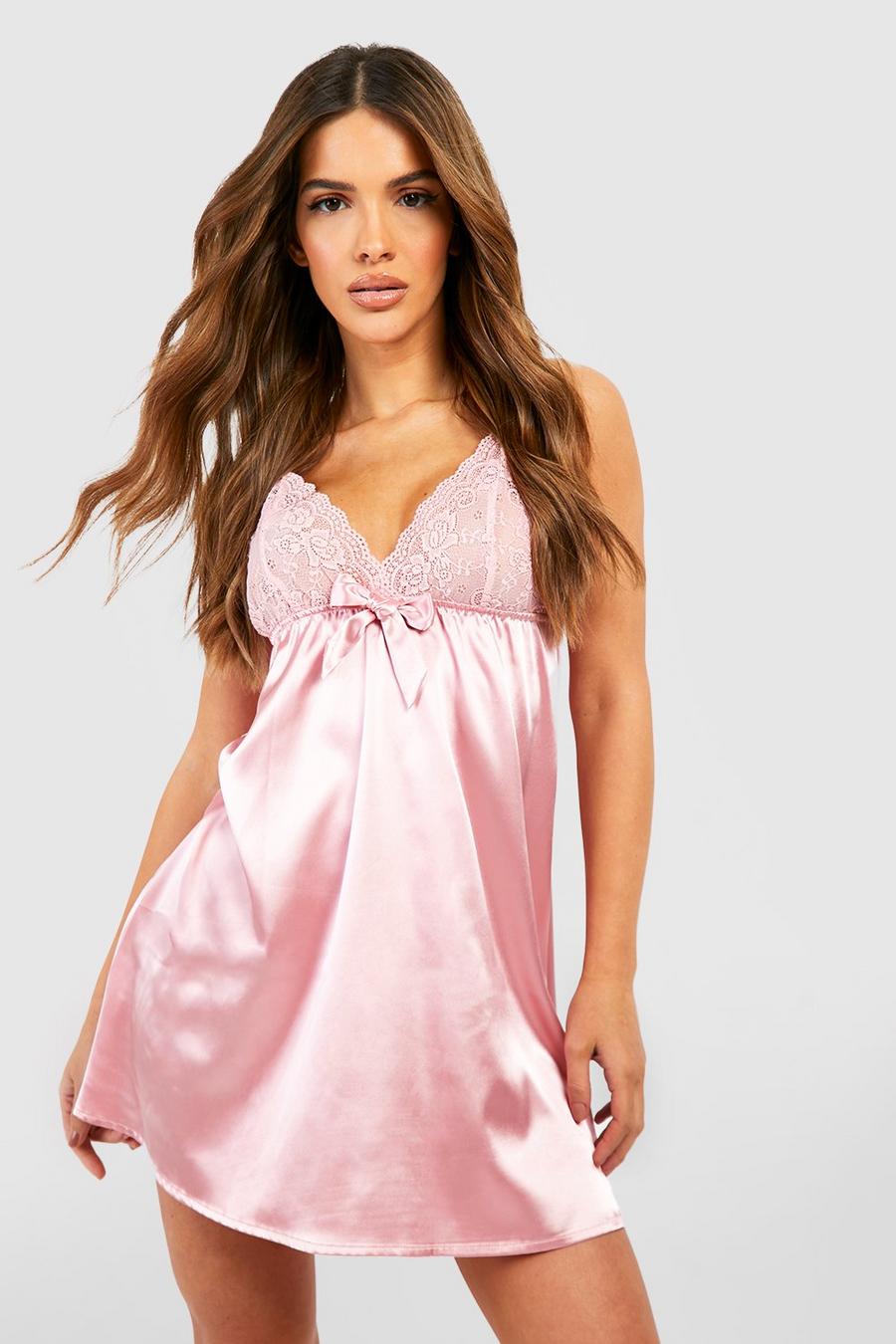 Pink rose Satin and Lace Bow Babydoll