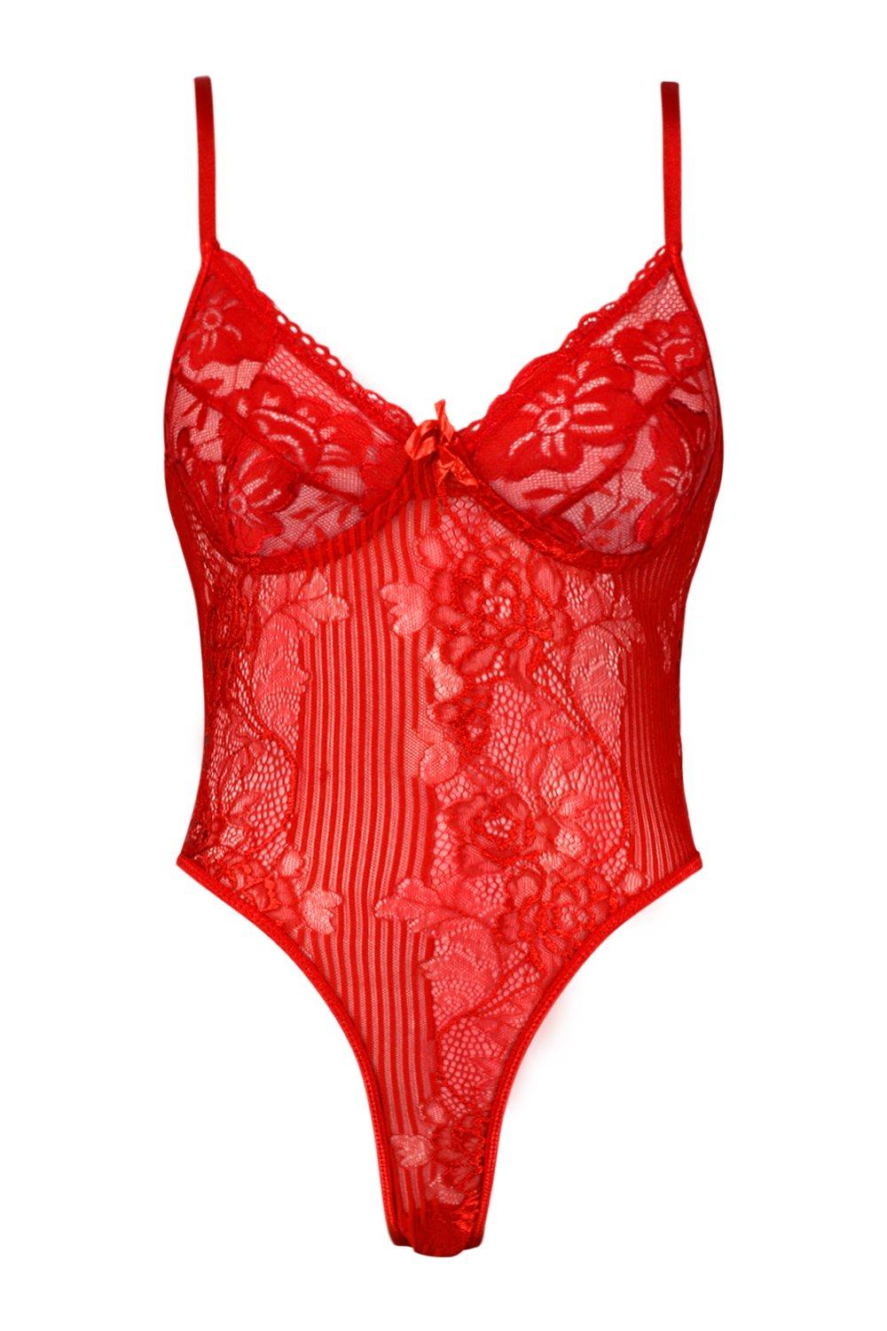 Women's Red Stripe Lace Bodysuit