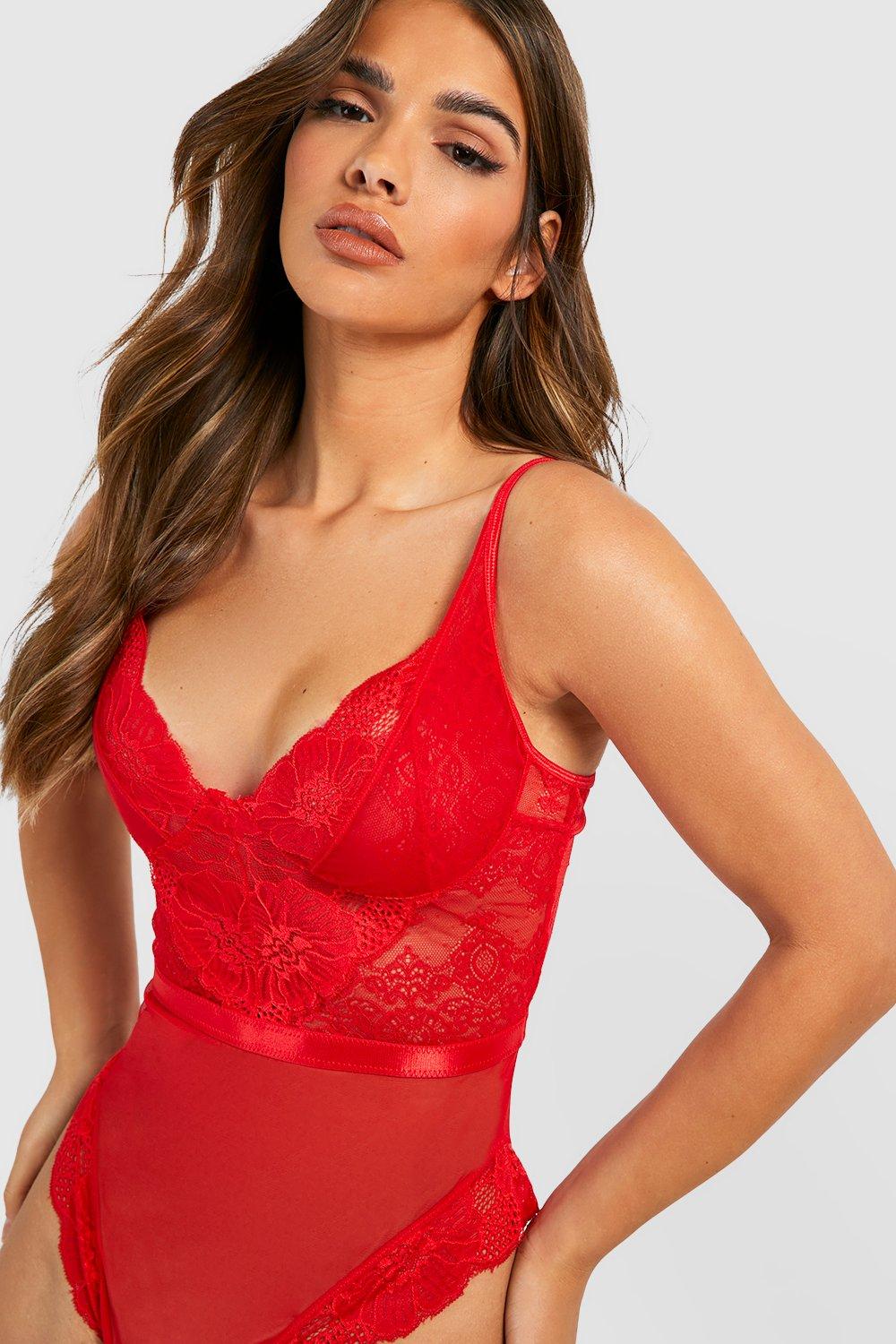 Red lace bodysuit and black jeans