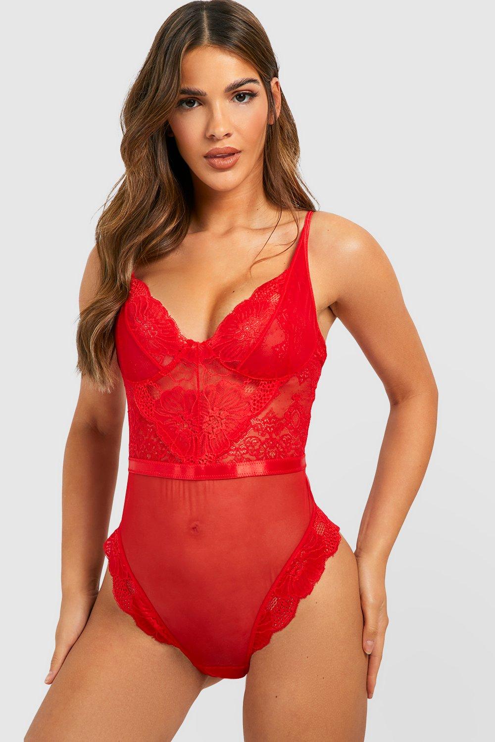 Red Lace Mesh Bodysuit - TK Maxx UK