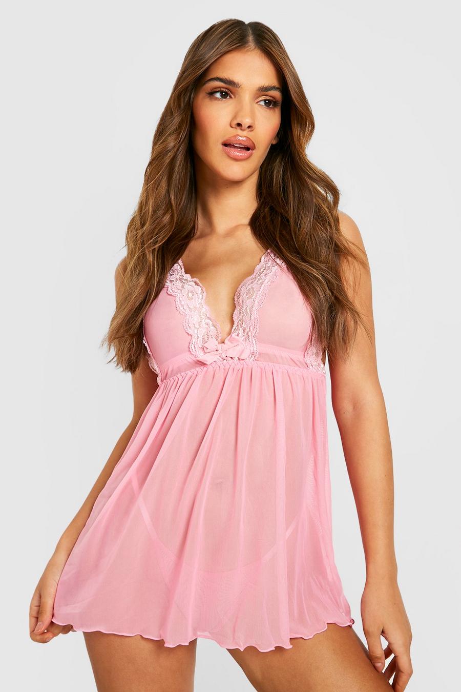 Blush pink Mesh and Lace Babydoll and String Set