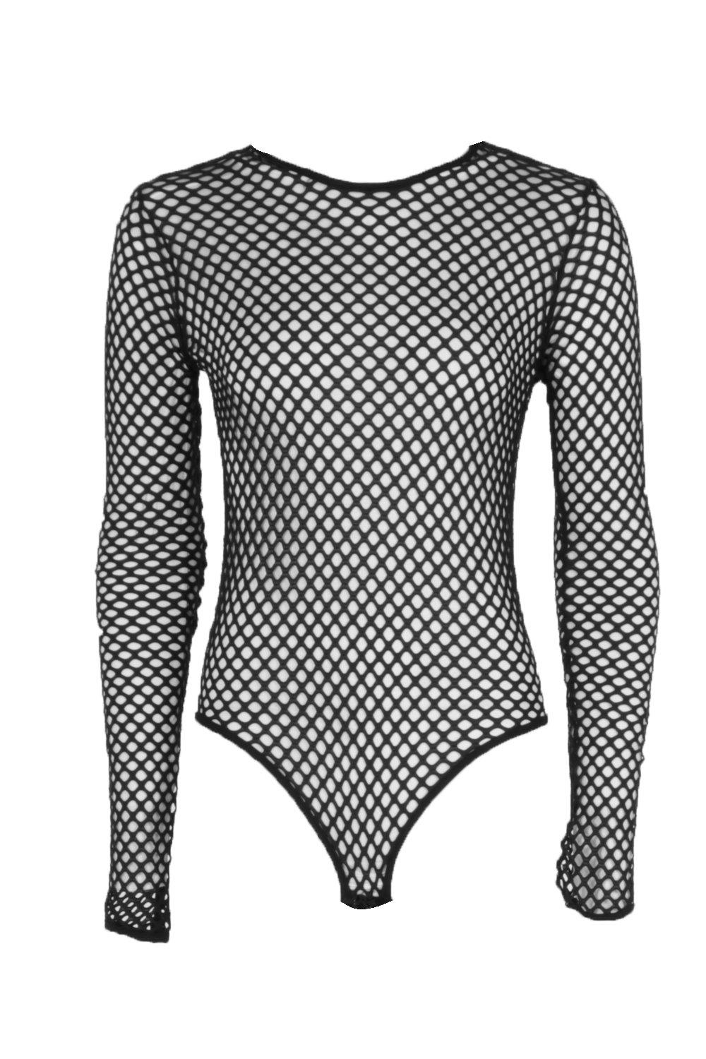 Black Fishnet High Neck Long Sleeve Bodysuit