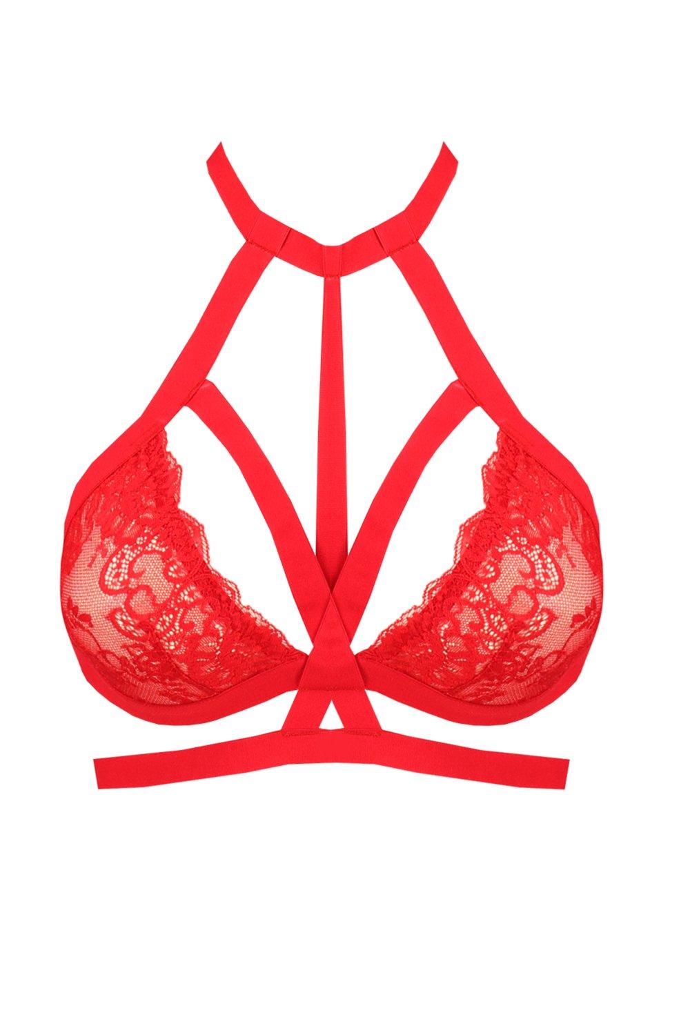 Red Cropped Strappy Lacy Tulle Bralette Set