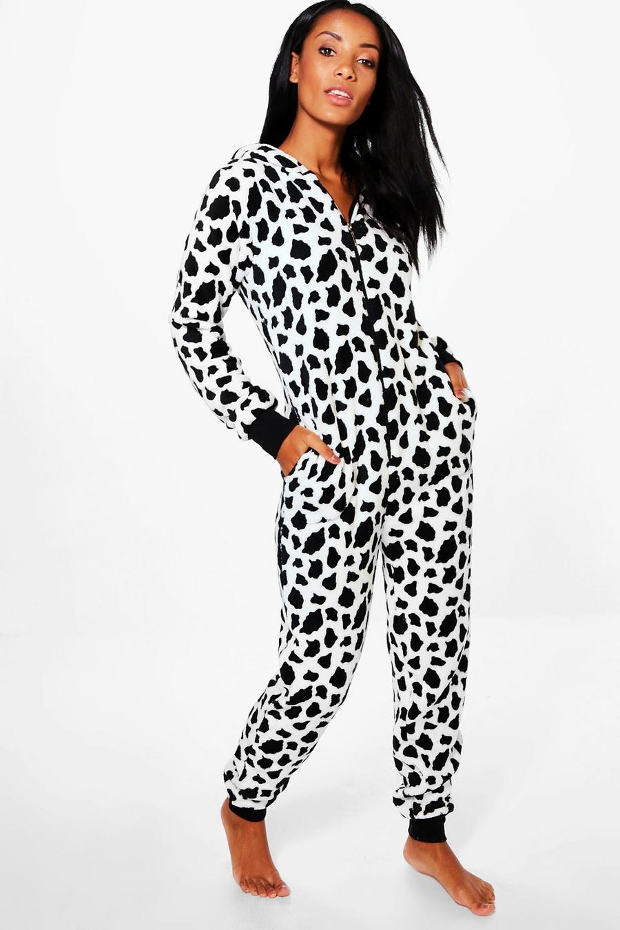 White Lily Cow Print Fleece Novelty Onesie image number 1