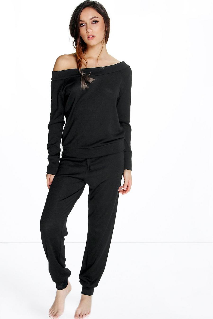 Black noir Bardot Top And Trouser Loungewear Set image number 1