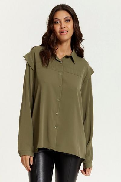 HOXTON GAL Khaki Oversized Shoulder Detailed Long Sleeves Shirt