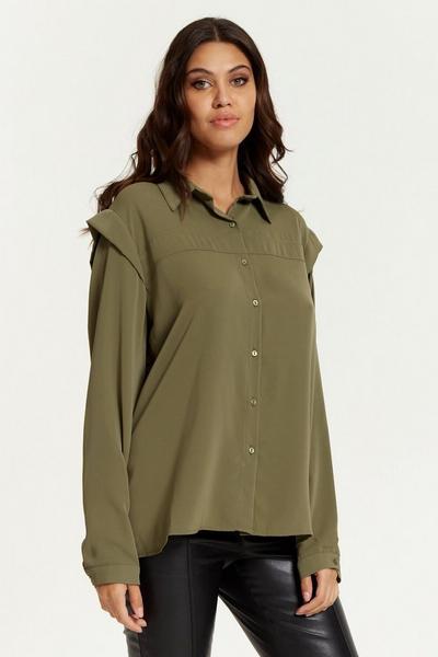 HOXTON GAL Khaki Oversized Shoulder Detailed Long Sleeves Shirt
