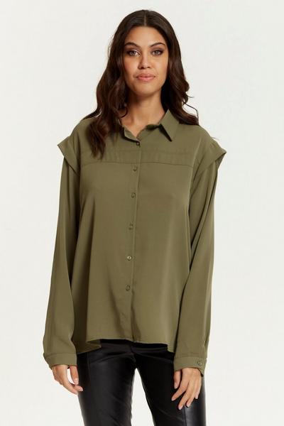 HOXTON GAL Khaki Oversized Shoulder Detailed Long Sleeves Shirt