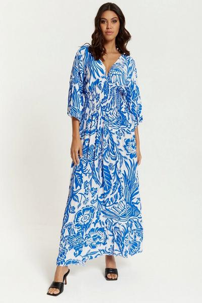HOXTON GAL Blue Oversized V Neck Detailed Maxi Dress