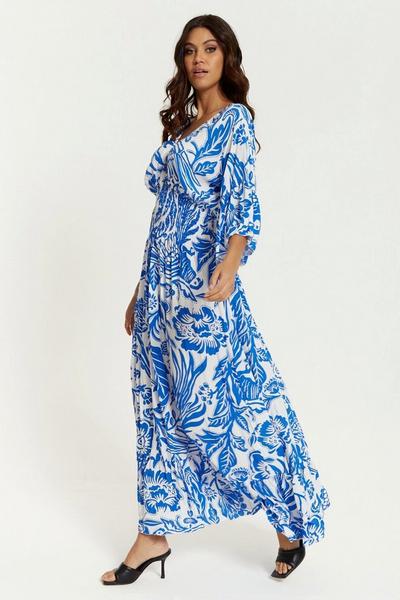HOXTON GAL Blue Oversized V Neck Detailed Maxi Dress