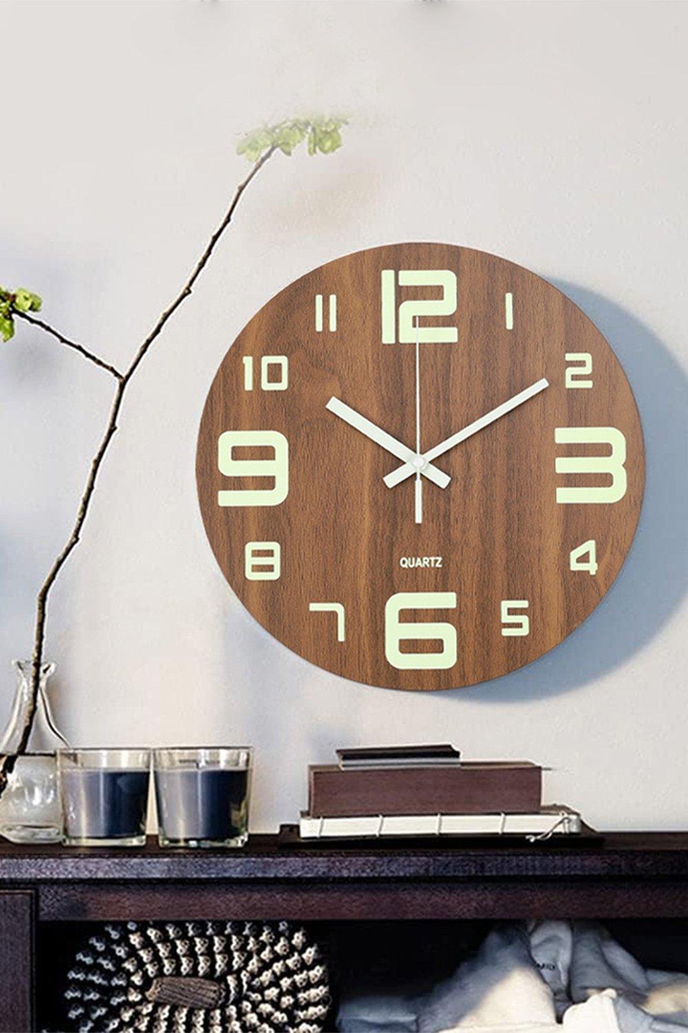 Clocks | 12-Inch Modern Luminous Wood Silent Wall Clock | Living and Home