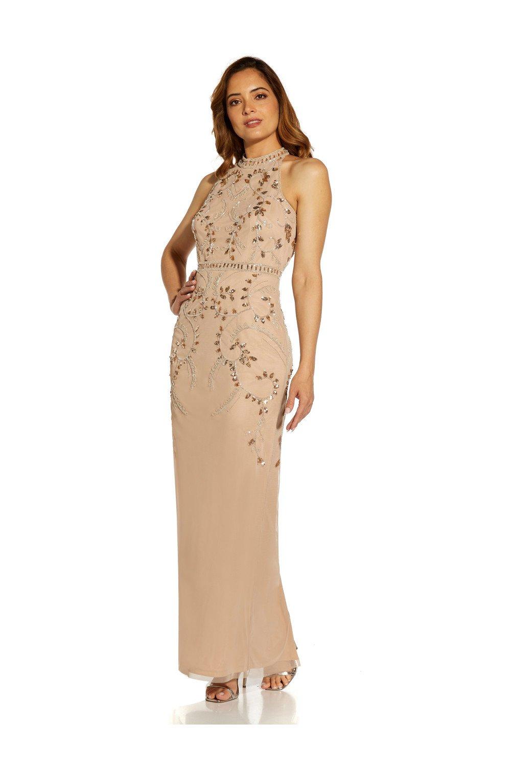 beaded column gown with mock neckline