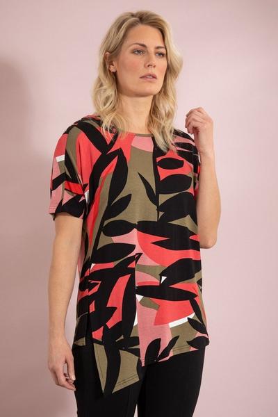 Klass. Black Leaf Print Short Sleeve Jersey Tunic Top