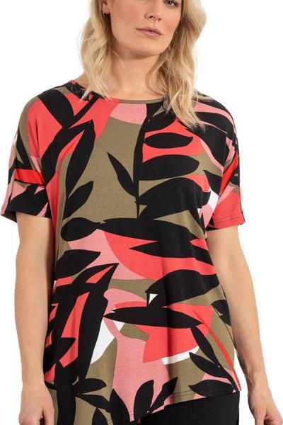 Klass. Black Leaf Print Short Sleeve Jersey Tunic Top