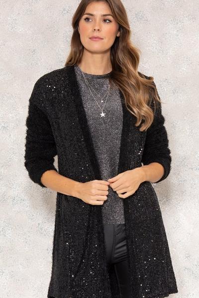 Klass. Black Feather Knit And Sequin Mesh Open Cardigan