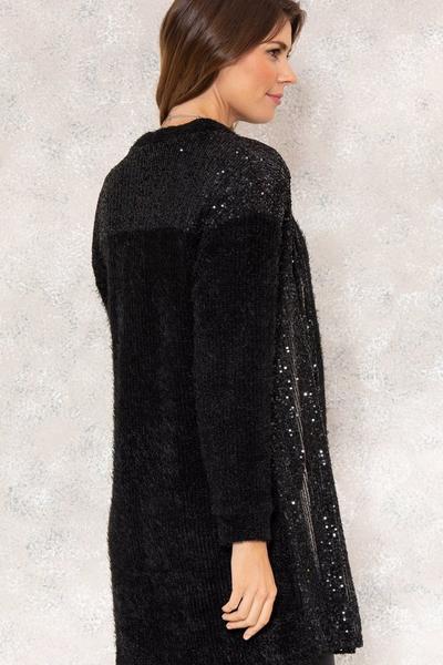 Klass. Black Feather Knit And Sequin Mesh Open Cardigan