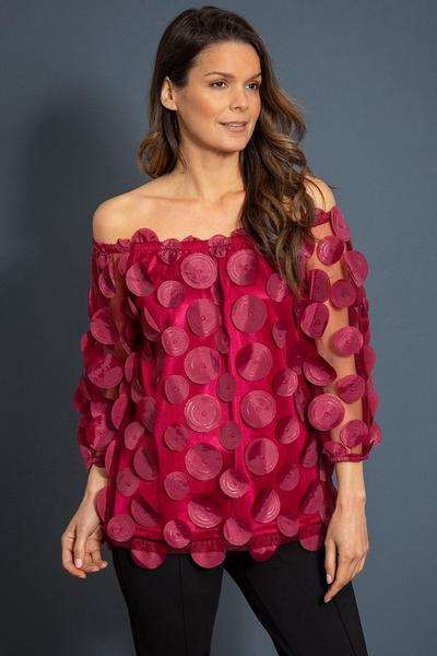 Klass. Wine Layered Circle Applique Mesh Top