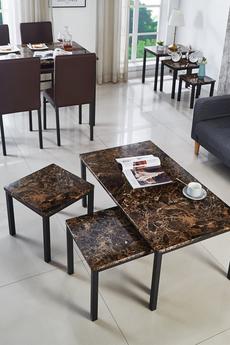 Modernique Brown Gloss Finish MDF Marble Effect Top Coffee Table With x2 Side Tables Set
