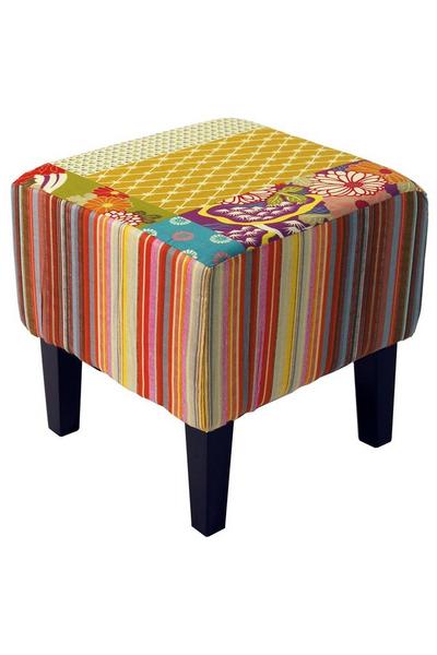 Watsons Black Patchwork - Shabby Chic Square Pouffe Padded Stool wood Legs - Multi-coloured