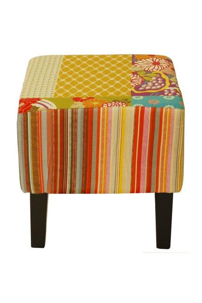 Watsons Black Patchwork - Shabby Chic Square Pouffe Padded Stool wood Legs - Multi-coloured
