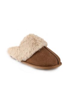 Isotoner Tan Real Suede Mule with Fur Cuff