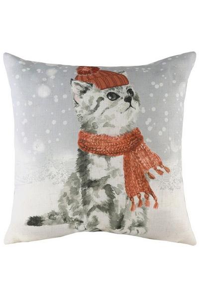 Evans Lichfield Multi Snowy Cat Hand-Painted Watercolour Printed Cushion