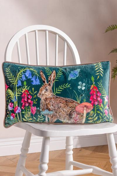 Wylder Nature Multi Willow Rabbit Digitally Printed Piped Velvet Cushion