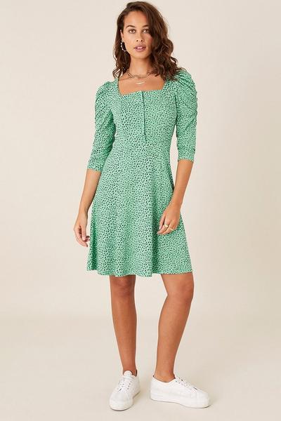 Monsoon Green Printed Square Neck Jersey Dress