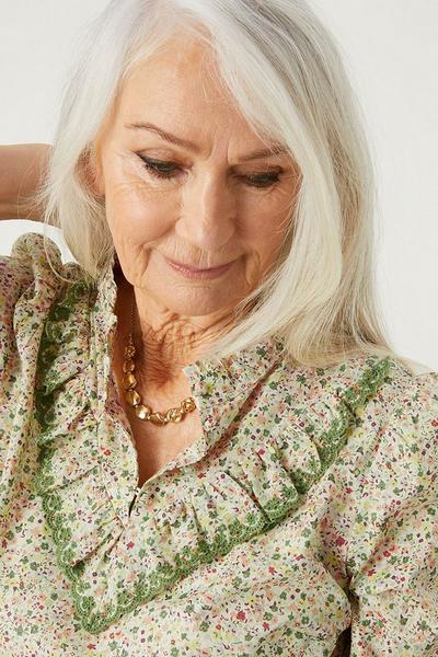 Monsoon Ivory Floral Printed V-Front Frill Top