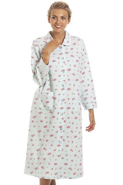 Camille Turquoise Luxury Floral Print Mock Quilted Housecoat