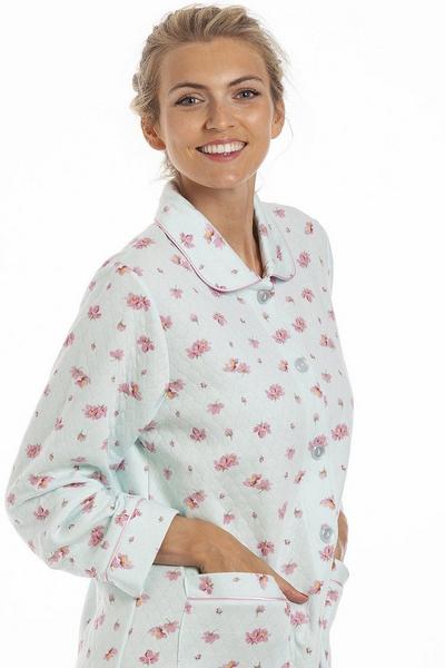 Camille Turquoise Luxury Floral Print Mock Quilted Housecoat