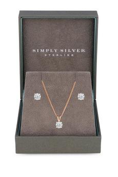 Simply Silver Rose Gold Sterling Silver 925 14ct Rose Gold Plated Cubic Zirconia Jewellery Set - Gift Boxed