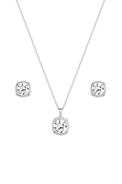 Simply Silver  Sterling Silver 925 Halo Square Solitaire Matching Jewellery Set - Gift Boxed