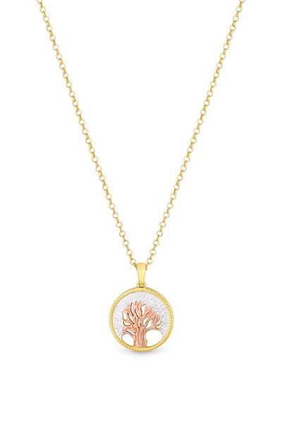 Simply Silver Gold Sterling Silver 925 14ct Gold Plated Tri Tone Tree of Love Necklace