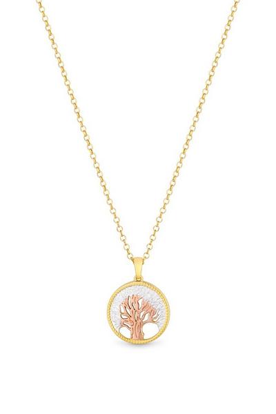 Simply Silver Gold Sterling Silver 925 14ct Gold Plated Tri Tone Tree of Love Necklace