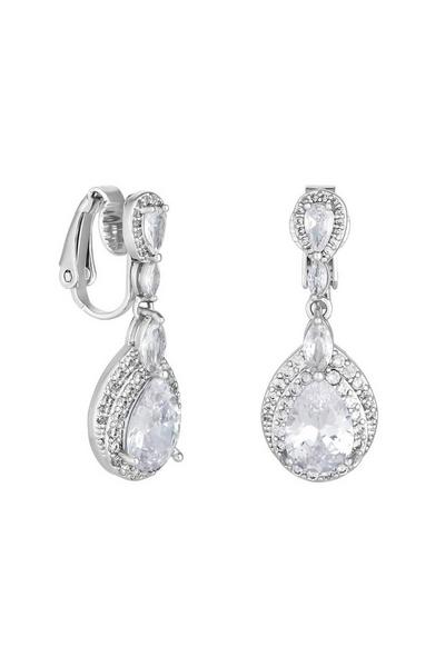 Jon Richard Silver Rhodium Plated Double Pave Halo Crystal Cubic Zirconia Pear Drop Earrings