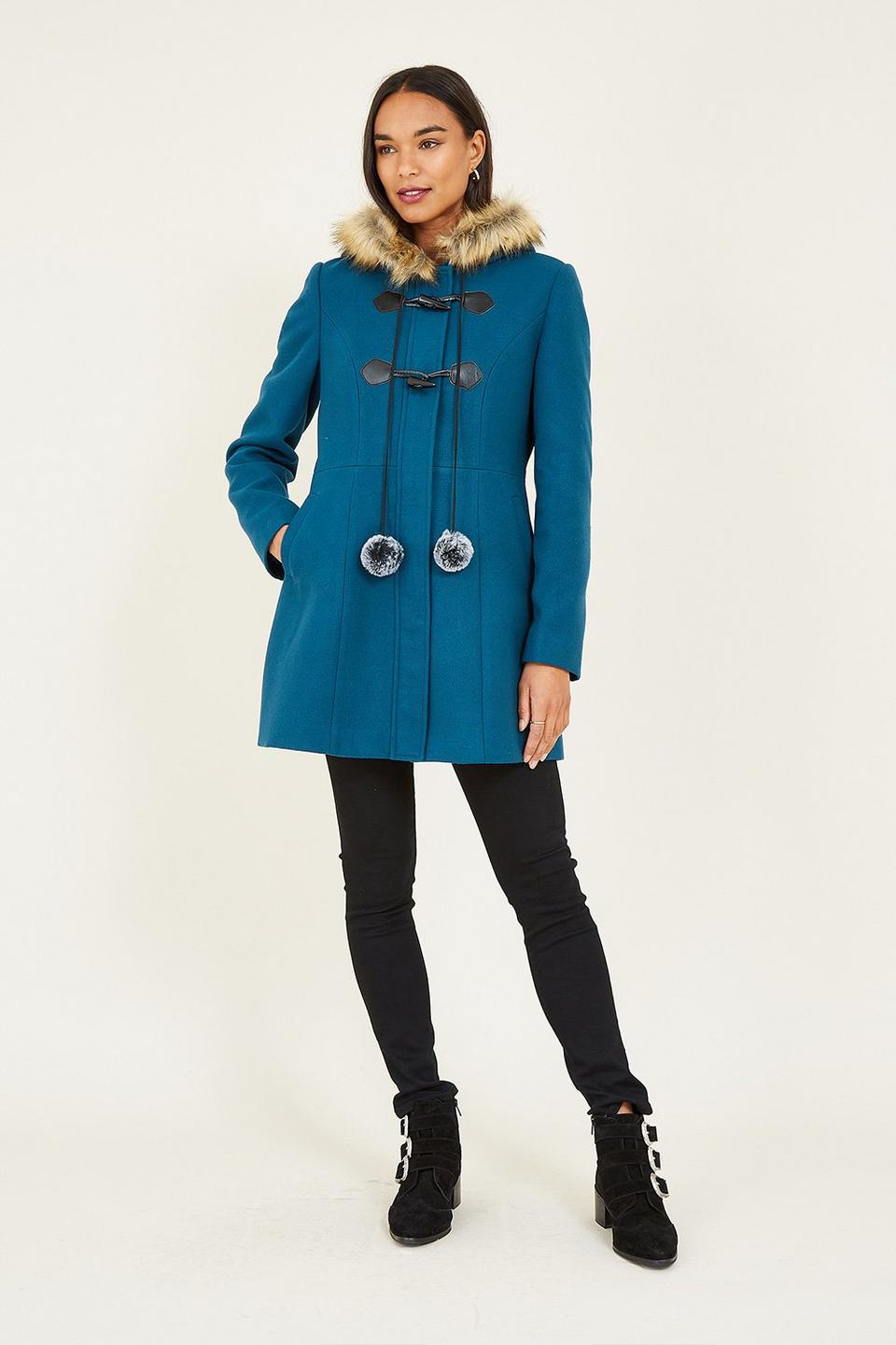 Jackets & Coats | 'Eilish' Duffle Coat With Fur Trim Hood in Teal | Yumi
