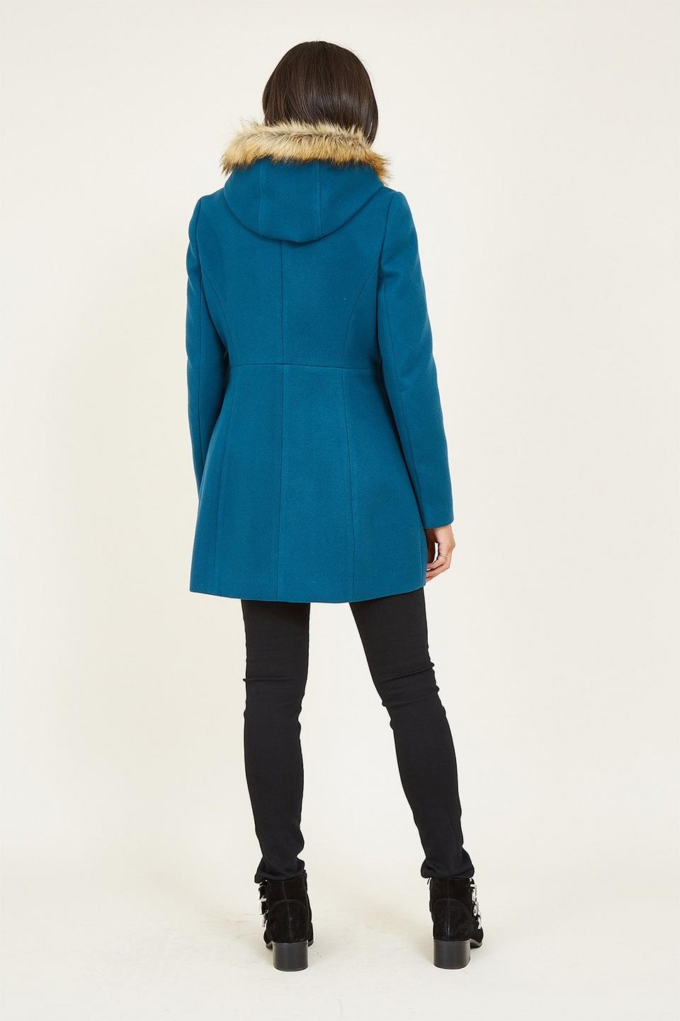 Jackets & Coats | 'Eilish' Duffle Coat With Fur Trim Hood in Teal | Yumi