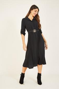 Mela Black Black Pleated Skirt Midi Shirt Dress