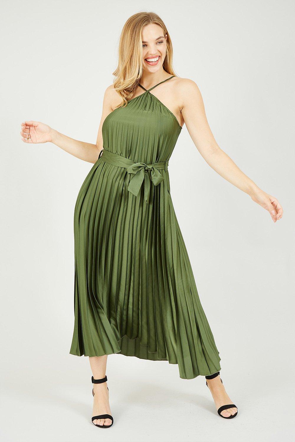 Dresses | Halter Pleated 'Odyssey' Midi Dress in Green | Yumi