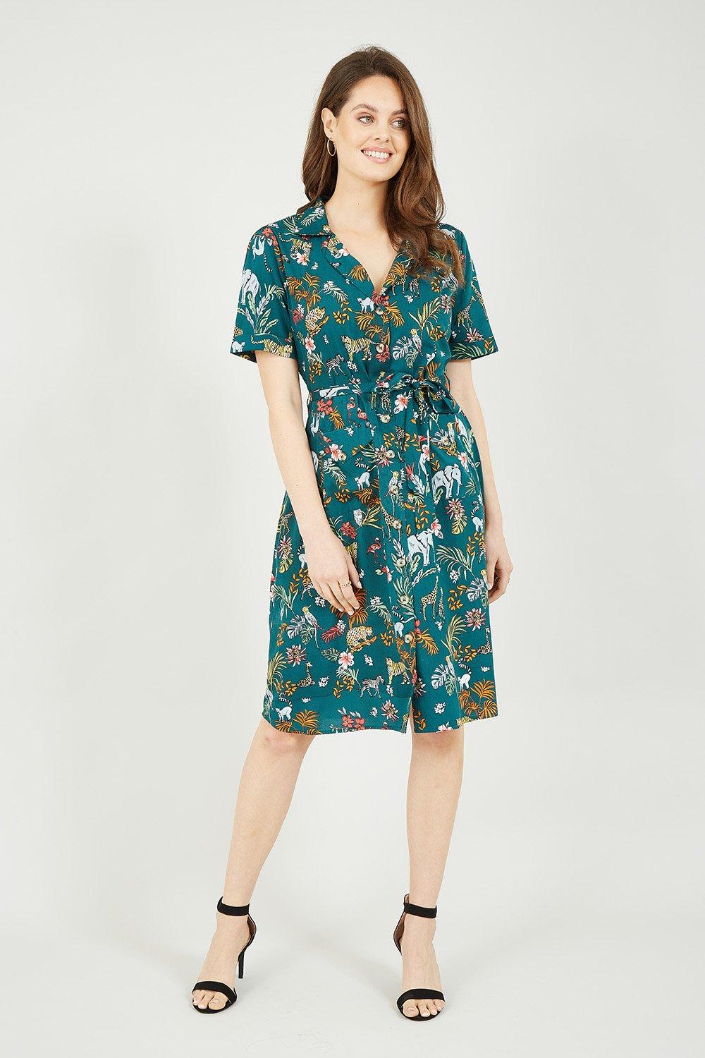 Dresses | Green Animal Print Kingdom Print Shirt Dress | Yumi