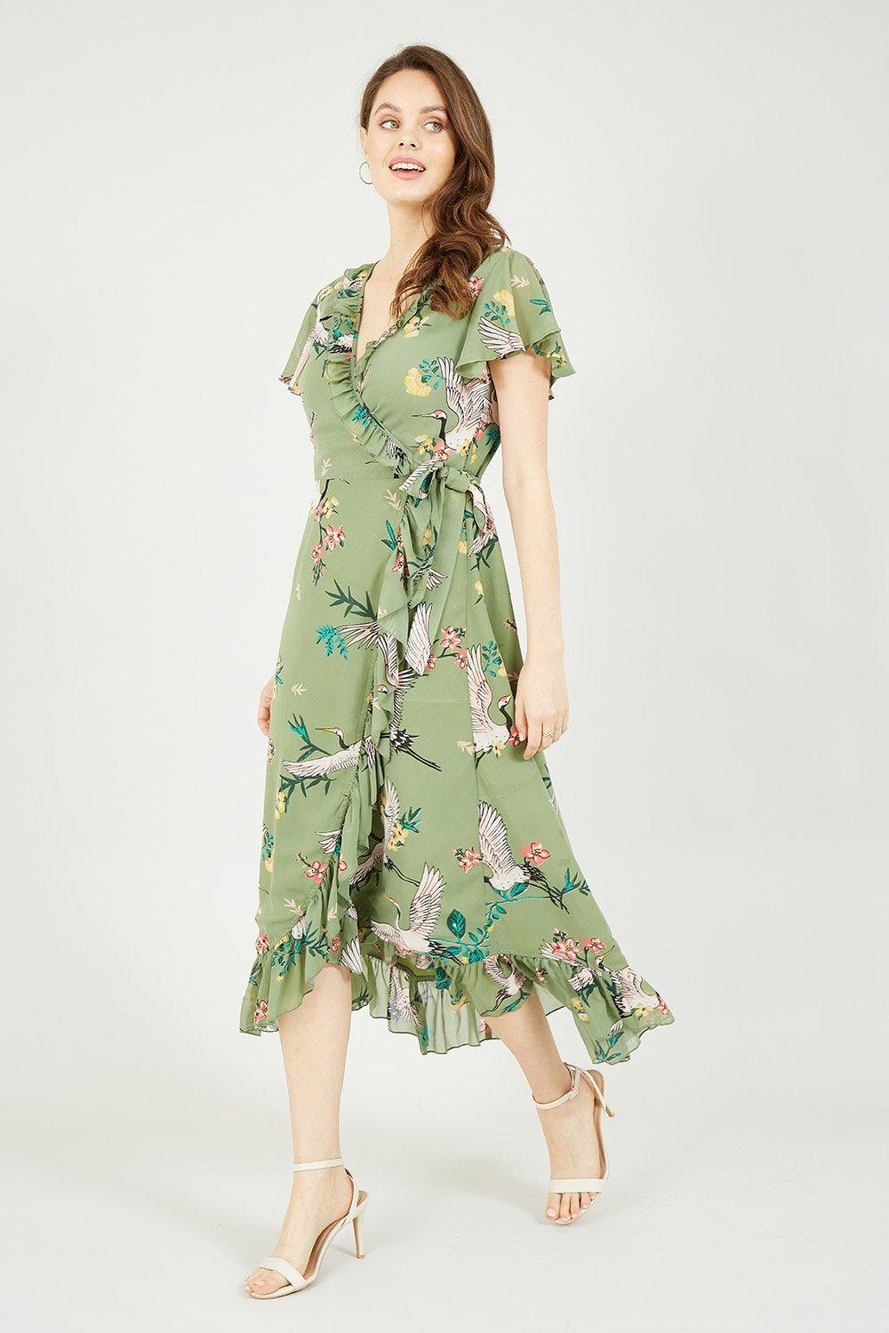 Yumi Green Frill Crane Wrap Midi Dress | Debenhams