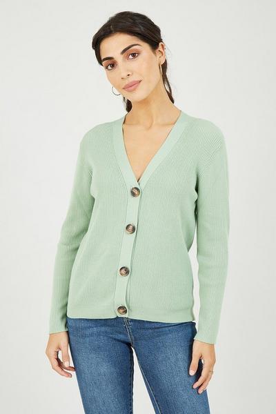 Yumi Green Ribbed V-Neck Knitted Cardigan