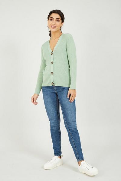 Yumi Green Ribbed V-Neck Knitted Cardigan